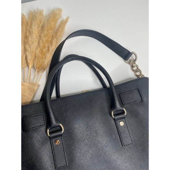 Michael Kors Hamilton Black Leather Satchel Shoulder Bag Tote Bag Gold Chain - Picture 9 of 13